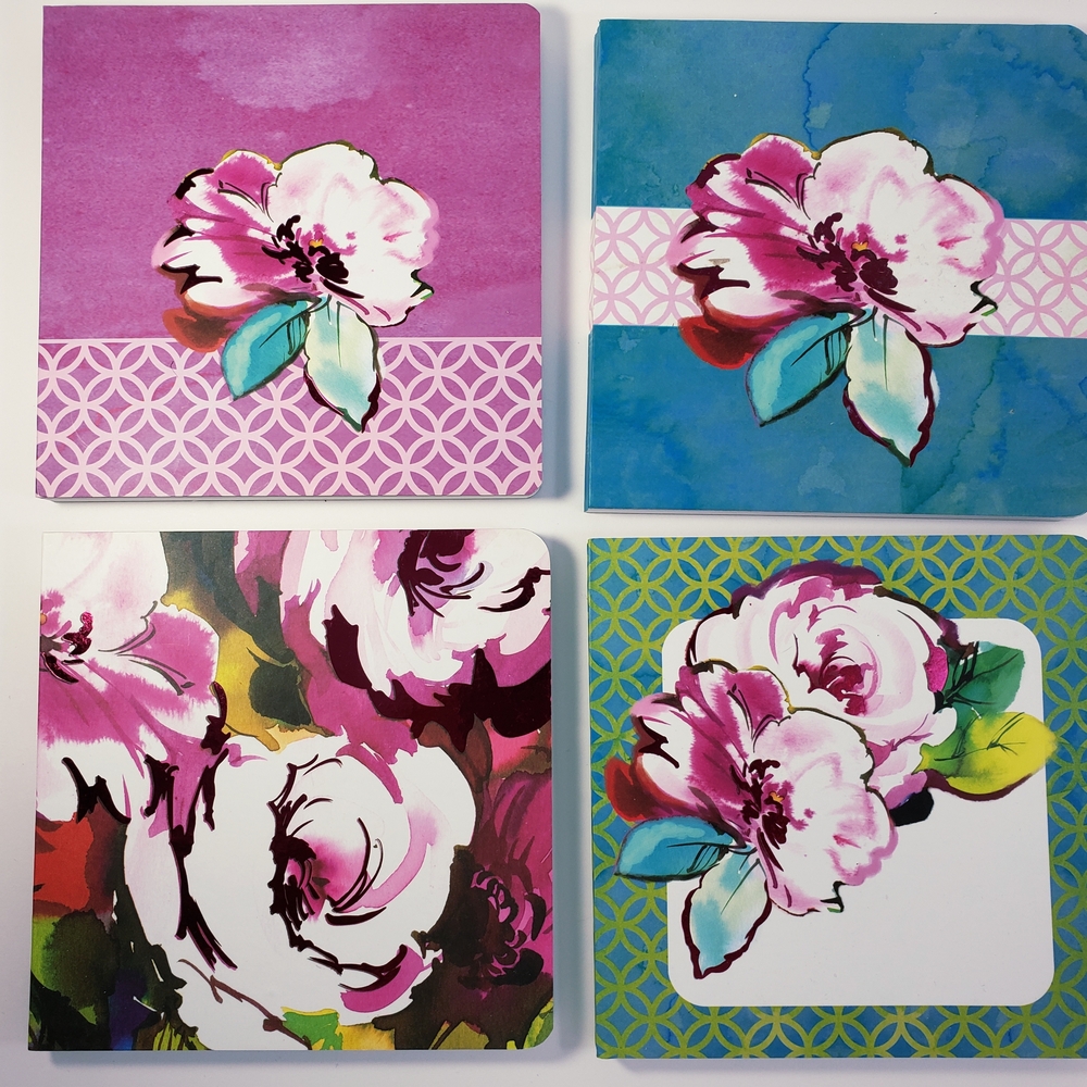 Four Floral Greeting Card Set - Pink and Blue Set - With Foil Accents